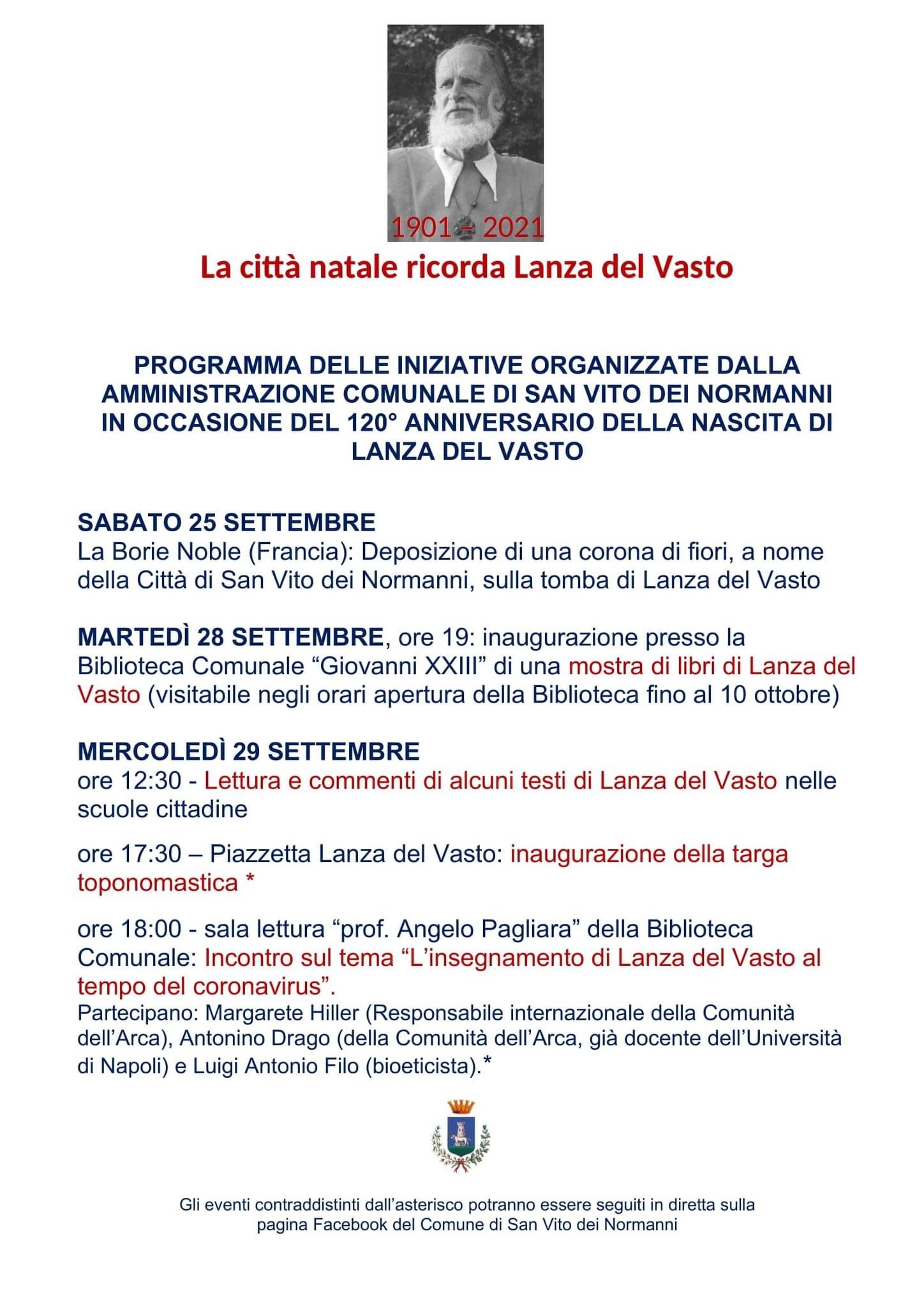 Programma delle iniziative organizzate dall’amministrazione comunale di san vito dei normanni in occasione del 120° anniversario della nsacita di lanza del vasto